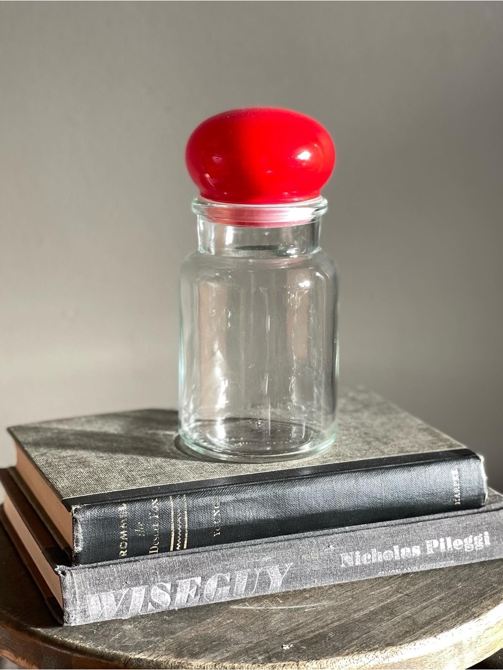 Vintage Belgium Red Bubble Lid With Clear Glass Jar/Canister
